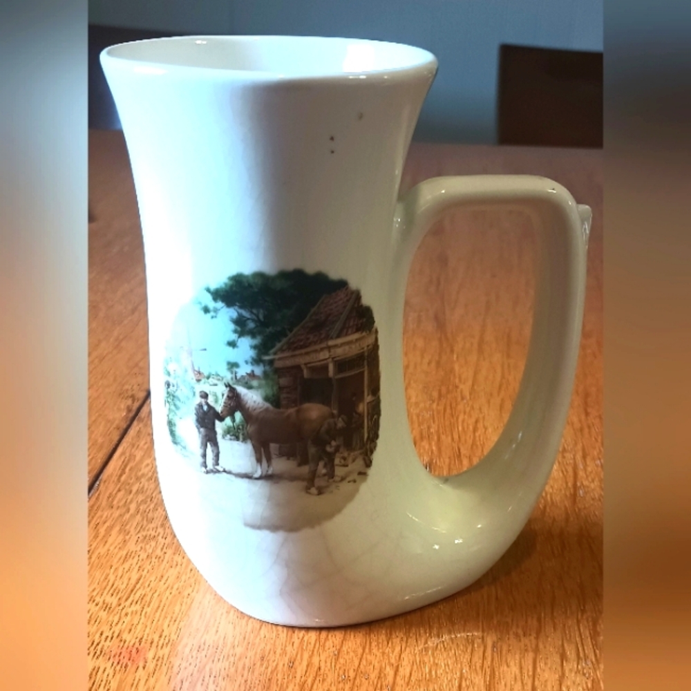 Vtg Royal Schwabap Ceramic Beer Stein Mug Horn Unique Horse Farm Scenic